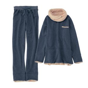 ふっくら綿混裏起毛首と腰回りあったか長袖パジャマ 杢チャコール S M L LL