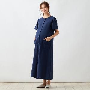 入院準備に！綿１００％吸水速乾マタニティサイズ２ＷＡＹ半袖ワンピースパジャマ ネイビー マタニティM〜L