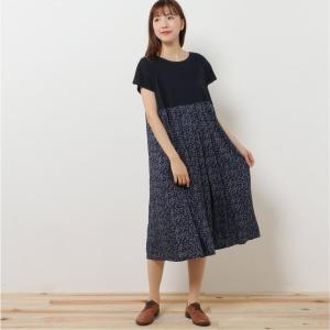 １枚でラクチンおしゃれ♪異素材切り替えワンピース ネイビー M-L