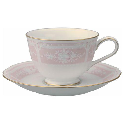 ノリタケ　レースウッドゴールド　ティー・コーヒー碗皿(カップ＆ソーサー)　ピンク