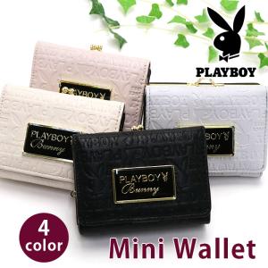 三つ折 財布 PLAYBOY プレイボーイ 財布 三つ折り 総柄 エンボス 型押し ロゴプレート がま口 コンパクト ウォレット