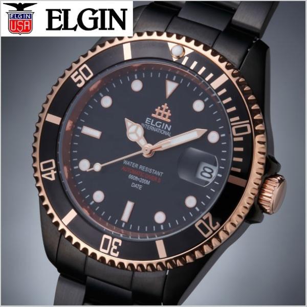 エルジン ELGIN 紳士用腕時計 自動巻き機械式（日本製ムーブメント） 20気圧ダイバーズ ブラッ...