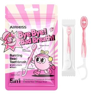 Airkiss（エアーキス）使い捨てミニ歯ブラシ12本入り 5in1複合型口腔ケア すすぎ不要 外出 携帯用歯ブラシ デンタルフロス (桃フレーバー)