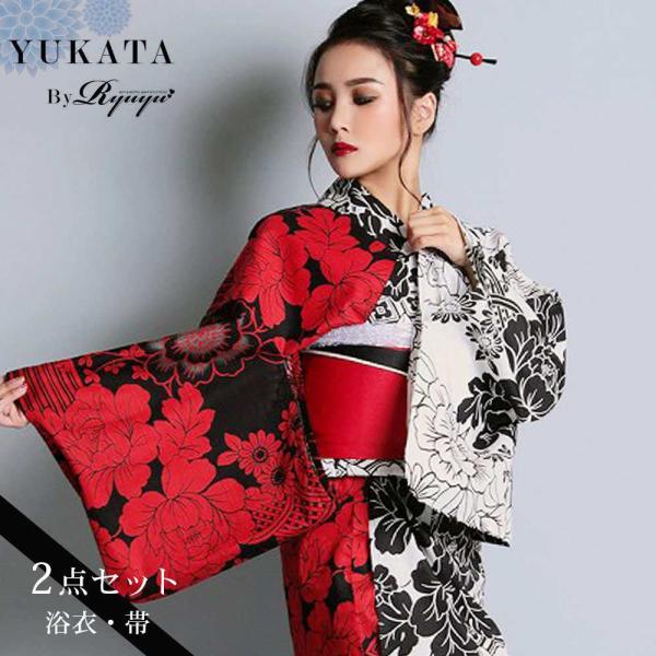 女性用浴衣 レディース セット ゆかた 帯 下駄 キャバ Ryuyu 牡丹柄 黒 赤 キャバ浴衣