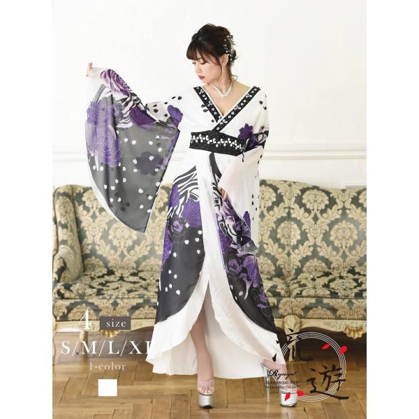 花魁 コスプレ 衣装 和柄ドレス コンパニオン 衣装 着物 ドレス 流遊 中ミニ 紫 白 シフォン