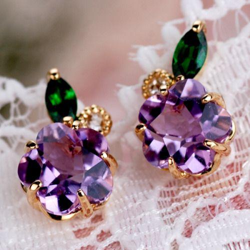 お花アメシスト 濃いグリーンガーネット ローズカットダイヤモンド ピアス  PT900 K18 K1...