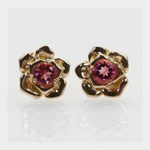 ラブリーローズ 濃いピンクトルマリン ピアス PT900 K18 K10対応 誕生石 10月 春色ピ...