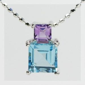 クールな胸元 ブルートパーズ アメシストペンダント ネックレス PT900 K18 K10対応 誕生...