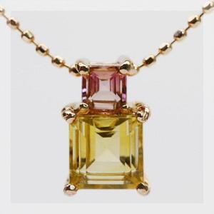 スクエアカットが魅力的 シトリン ピンクトルマリンペンダント チェーン付き 誕生石 10月 11月 ...