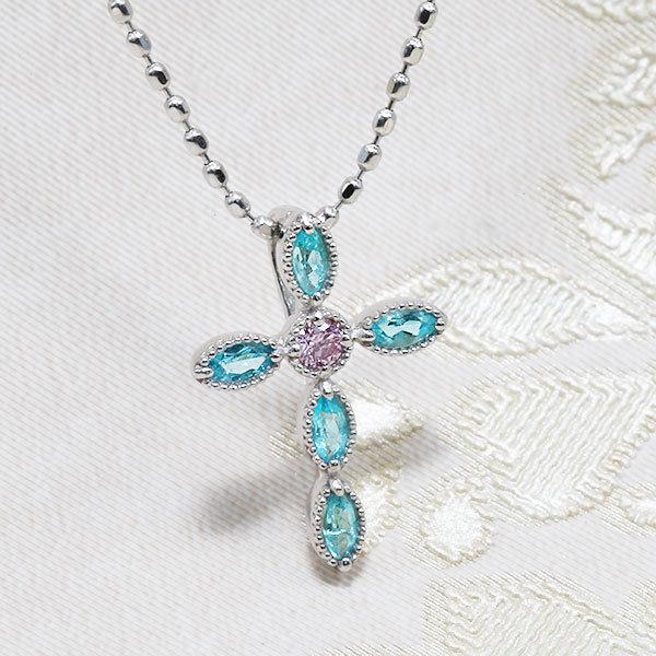 パライバトルマリン ピンクダイヤモンド クロス ペンダントトップ PT900 K18 K10対応 数...