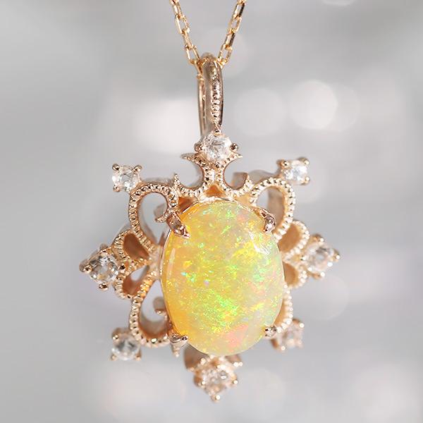 P+10％中 ネックレス 限定１本 K10PG エチオピアオパール ホワイトトパーズ ペンダントトッ...