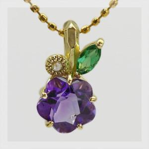 お花アメシスト グリーンガーネット ローズカットダイヤモンドペンダントトップ  PT900 K18 ...