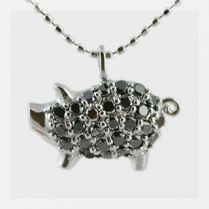 ブタのブラックダイヤモンドパヴェペンダントネックレス チェーン付き 誕生石 4月 PT900 K18...