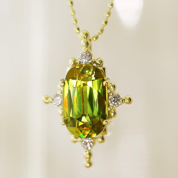 限定１本 K18GG グリーンスフェーン ペンダントトップ レコール・カレ 誕生石7月