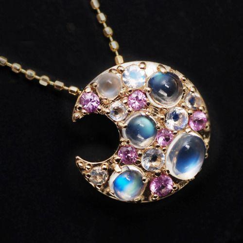 ラブラドライト ピンクサファイヤ ペンダントトップ ムーン PT900 K18 K10対応