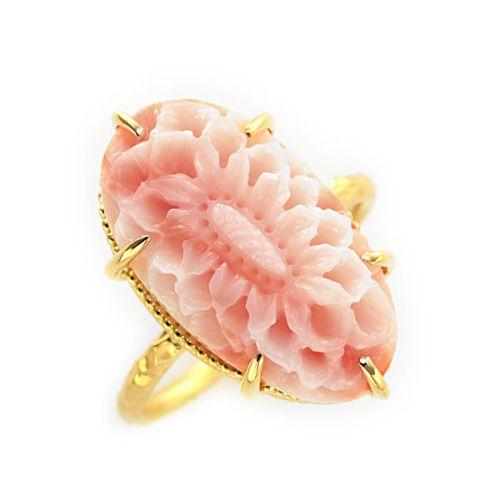 P+10％中 雫に映ったダリアの 深海珊瑚 リング PT900 K18 K10対応　誕生石 3月