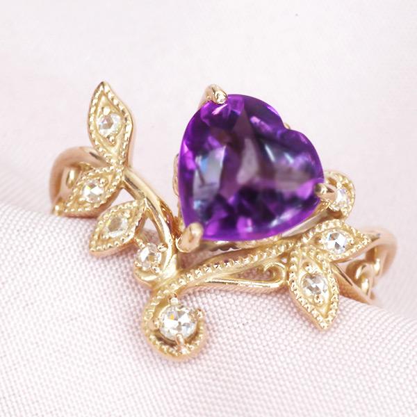 8mm アメシスト バフトップ ハート ローズカットダイヤモンド リング シャレ PT900 K18...