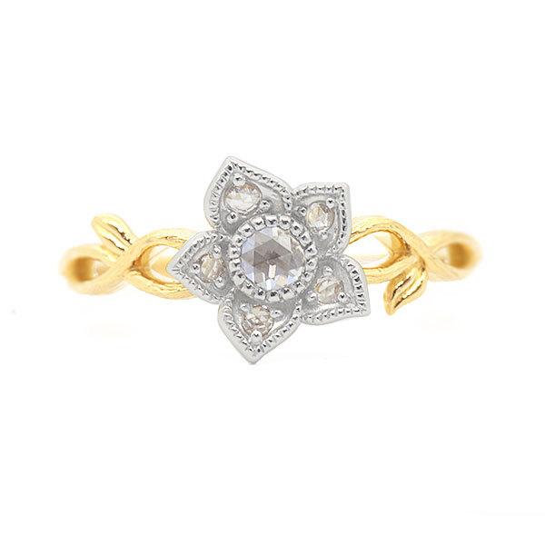 ポイント10％中 ローズカットダイヤモンド コンビ リング クリスマスローズ　 PT900 K18 ...