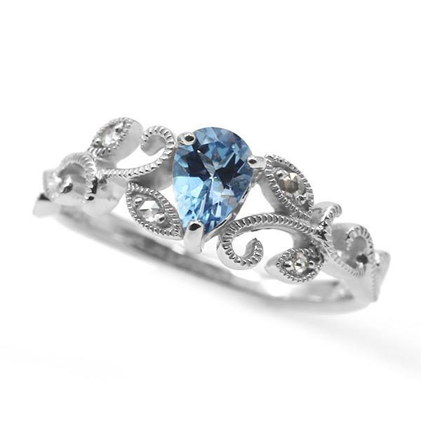 新作先行販売20%OFF サンタマリアカラーアクアマリン ローズカットダイヤ リング ツタの葉ライン...