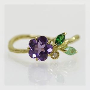 お花アメシスト グリーンガーネット ローズカットダイヤモンド リング PT900 K18 K10対応...