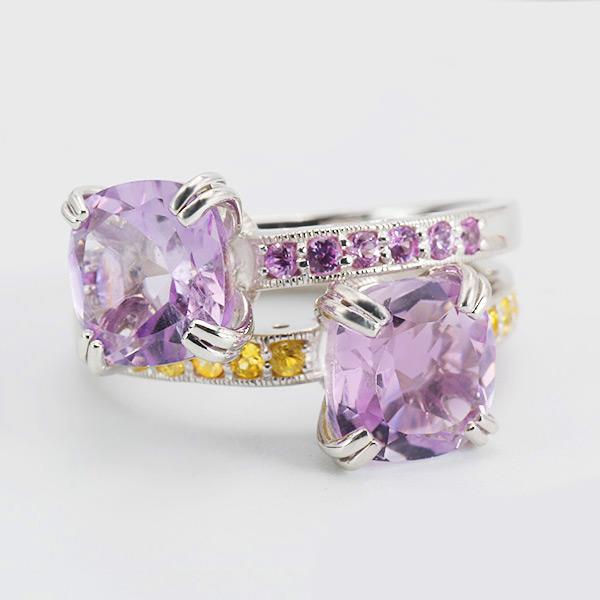 ローズアメシスト クッション ピンク イエローサファイア リング SV925 指輪 PT・K18・K...