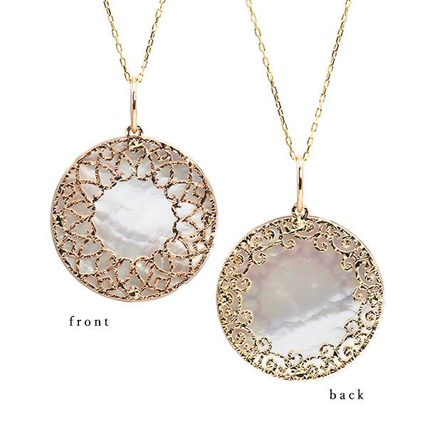 白蝶貝 リバーシブル透かし模様 サークル ペンダントトップ 向日葵×唐草模様 K18 K10対応