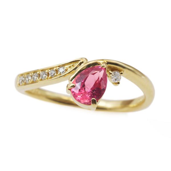 P10％ 限定1本 K18YG UV蛍光 ピンクスピネル ペアシェイプ ダイヤモンド リング 12号...