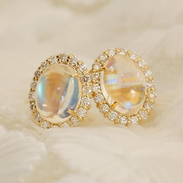 限定１ペア K18YG 1.78ct ロイヤルブルームーンストーン 0.22ct ダイヤモンド ピア...