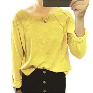 トップス Tシャツ 長袖 カットソー ヘムラウンド ネック 切り替え 肌触りの良い プルオーバー l 襟 なし 黄色 黄 薄手 薄い
