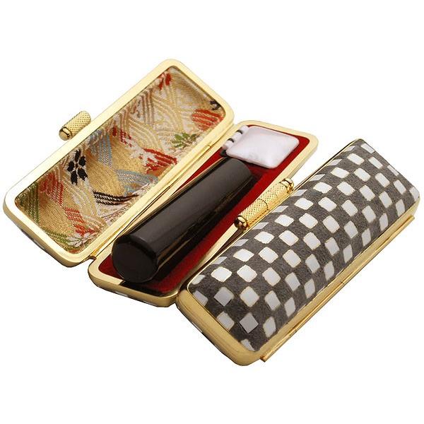 印鑑 はんこ セット 黒水牛印鑑 黒水牛 12mm 銀行印 認印 ローケツ染め ケース付き 格子柄 ...