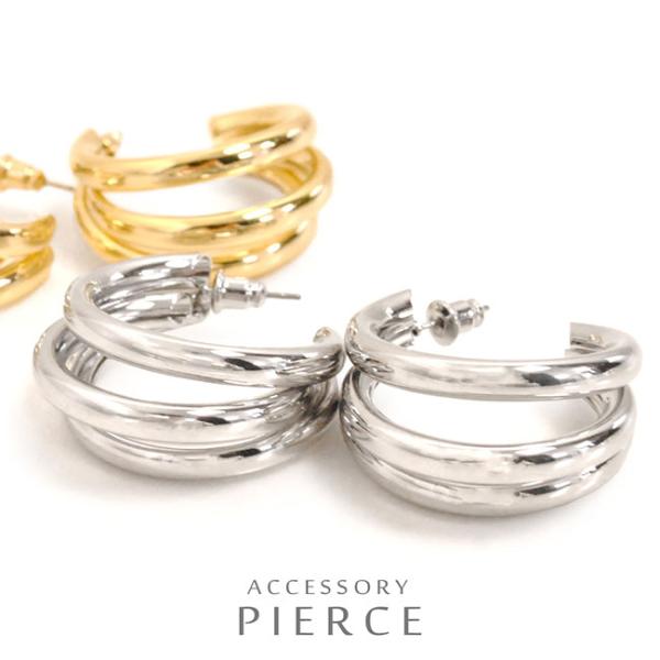 ピアス トリニティライン C型 3連風 メタル サークル フープ バックキャッチ レディース 女性用...