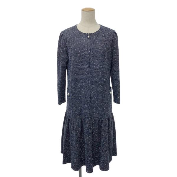 ルネ ワンピース ツイード パール ローウエスト切替 総柄 長袖 38
