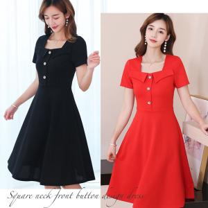 レディース ワンピース スクエアネック 前ボタンデザイン ひざ丈 上品 オフィス 通勤 S M L LL 3L