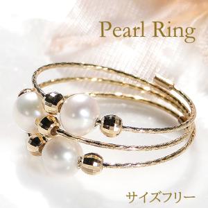 K18YG ３連パール フリーリング 送料無料 形状記憶 スパイラル パールリング ジュエリー 指輪 3連 重ね付け風 可愛い 人気 らせん フリーサイズリング BRR-0204