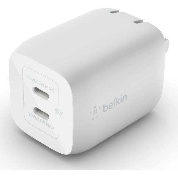 Belkin WCH013DQWH USB-C 2ポートPD65W 小型GaN急速充電器折畳式プラグ...