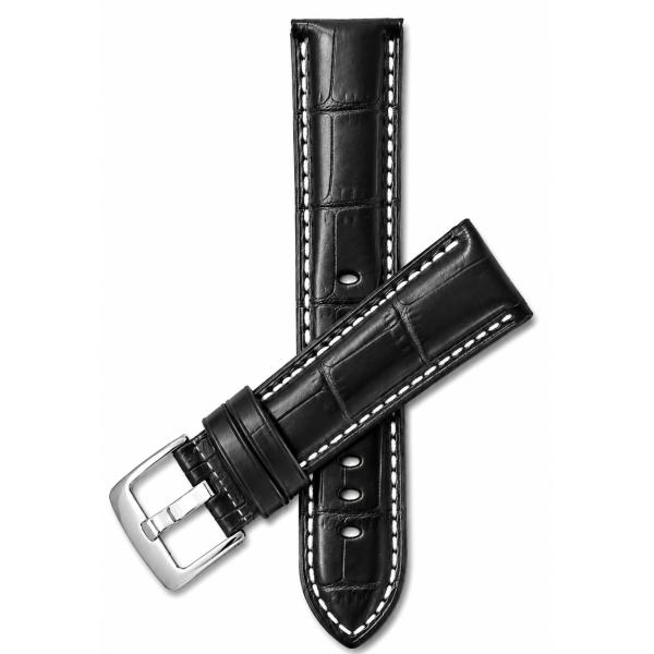 22 mm、ブラックメンズ' Alligatorスタイル本革時計バンドストラップ、ステッチホワイト、...