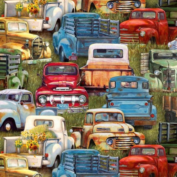 Vintage Trucks Packed Trucks Green, Fabric by The ...