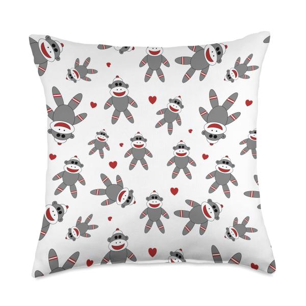 Cute Sock Monkey With Hearts Pattern Throw Pillow
