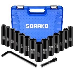 SORAKO 1/2インチ インパクトソケットセット 16ピース メトリックディープソケットセット 大型ソケットとエクステンションバー＆Lハンドル 6ポイント Cr-Vスチー