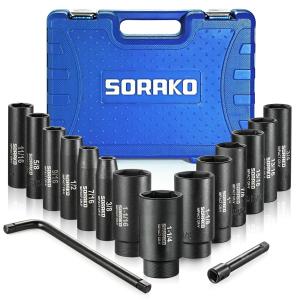 SORAKO インパクトソケットセット 1/2インチドライブ 16個 ディープソケットセット 3/8インチ~1-1/4インチSAEソケット 5インチ延長バー 10インチLハンドル Cr-V