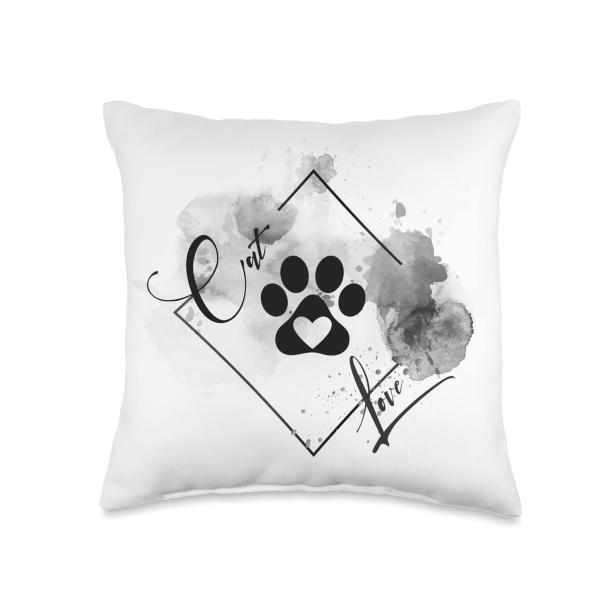 Cat Paw with Heart, Cat Love, gray white Throw Pil...