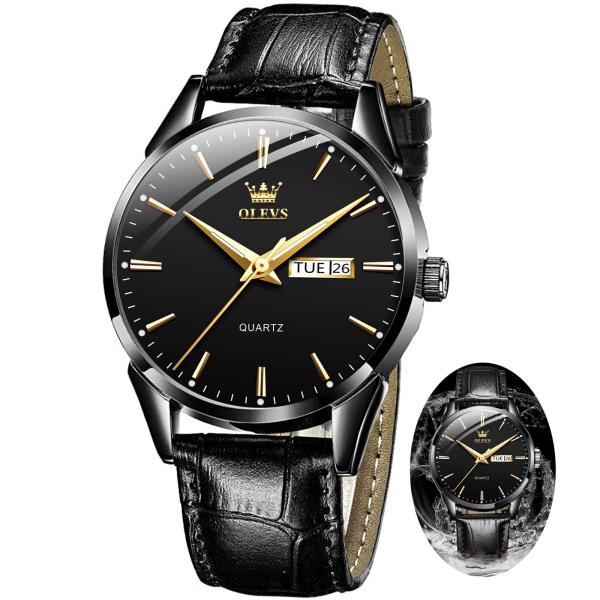 Black Mens Leather Watch for Men With Day Date Cas...