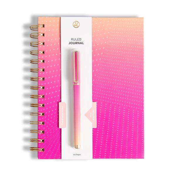 U Brands ピンク / オレンジ ぼかしスパイラル綴じジャーナルとペンセット ゴールド調ハード...