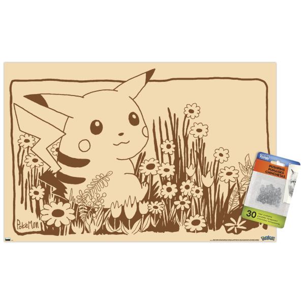 Pok〓mon - Pikachu Sepia Wall Poster with Push Pins