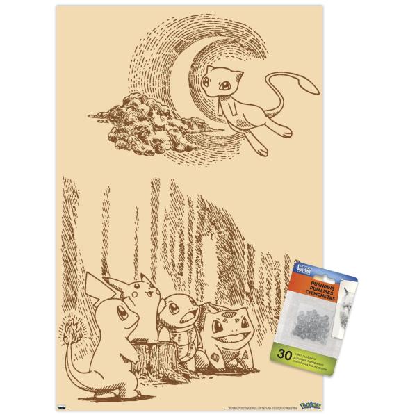 Pok〓mon - Sepia Scene Wall Poster with Push Pins
