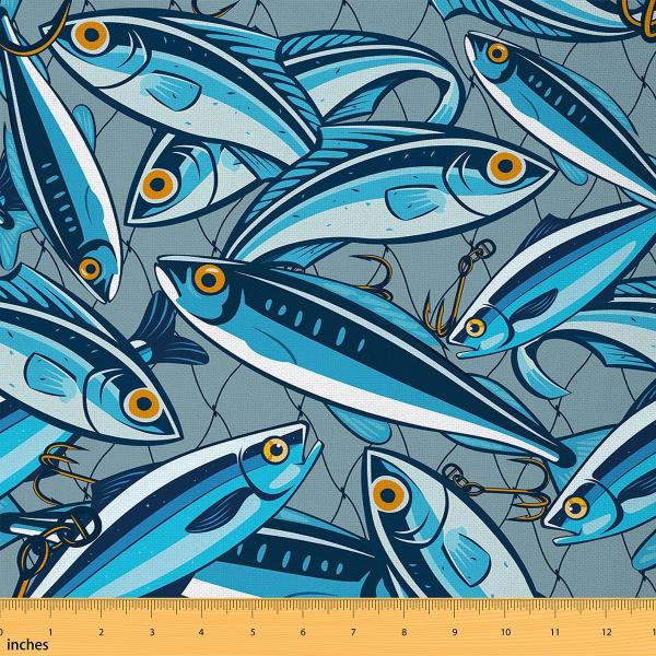 Blue Fish Fabric by The Yard 水彩 シーライフ レトロフック生地 子供 ...