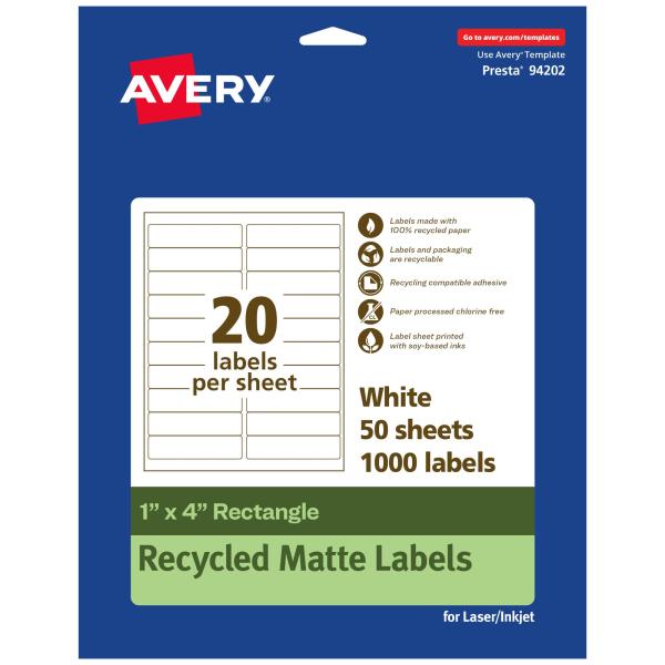 Avery 環境に優しいマットホワイトリサイクル長方形ラベル、1インチ x 4インチ、マットホワイト...