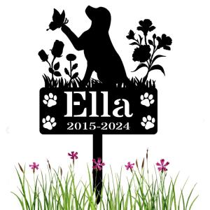 ペットメモリアルステーク 愛犬追悼 名入れカスタム金属プレート 蝶々と花デザイン