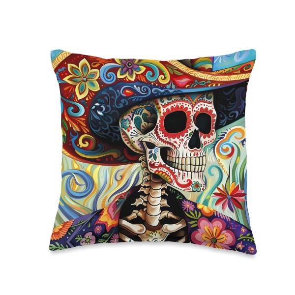 Colorful Day of the Dead Sugar Skull Art Throw Pil...