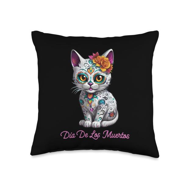 Sugar Skull Cat Day of the Dead Throw Pillow
